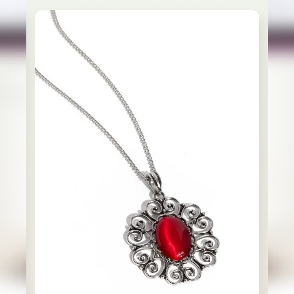 Sentimental Sabbatical Red and Silver Necklace. Cat's Eye Stone